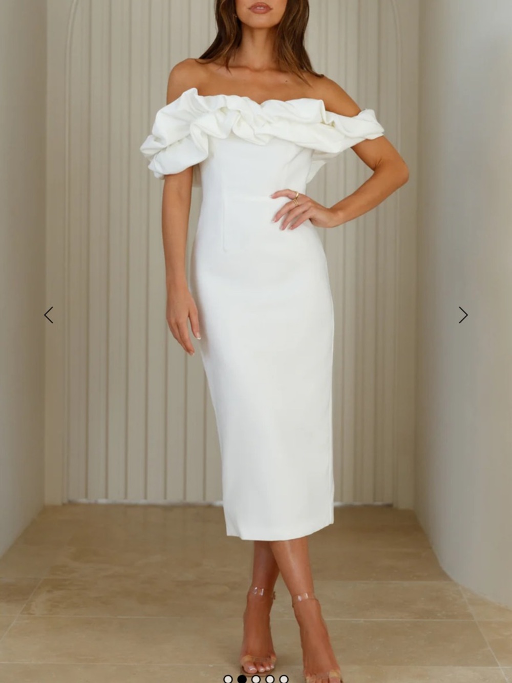 Hello Molly Elegant Off-Shoulder White Midi Dress with Ruffle Detail - Picture 2 of 7